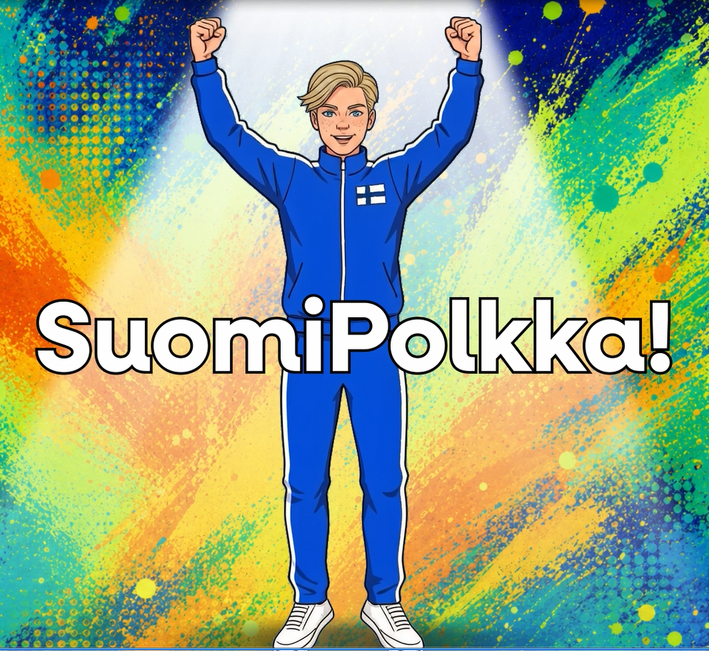 Suomi verryttelyasussa oleva hahmo tuulettaa. Kuvan päällä teksti: SuomiPolkka!